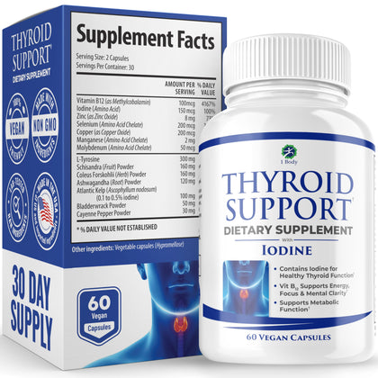 1 Body Thyroid Support Supplement with Iodine - Energy & Focus Support Formula - Vegetarian & Non-GMO - Vitamin B12 Complex, Zinc, Selenium, Ashwagandha, Copper & More 30 Day Supply