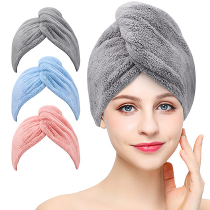 BEoffer 3 Pack Microfiber Hair Towel Wrap Super Absorbent Twist Turban for Women Hair Caps with Buttons for Fast Drying Curly, Long & Thick Hair Anti Frizz(Gray+Pink+Blue)
