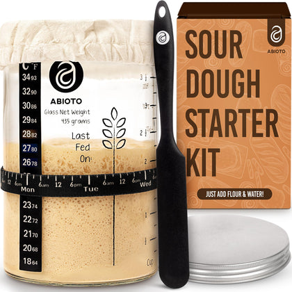 Sourdough Starter Jar Kit with 34 oz Glass Jar - Extra Thermometer Strips and Breathable Covers Included in Sourdough Starter Kit - A Perfect Sourdough Bread Starter Kit for Beginners to Expert