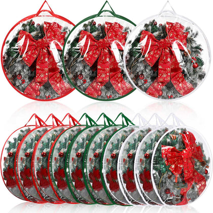 Aliceset 9 Pcs Christmas Wreath Storage Container 30 Inch Clear Wreath Storage Bags Plastic Artificial Garland Container with Dual Zippers and Handles for Xmas Thanksgiving Holiday (White, Green, Red)