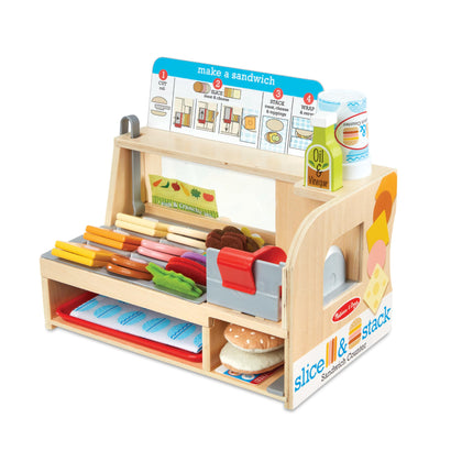 Melissa & Doug Wooden Slice & Stack Sandwich Counter with Deli Slicer - 56-Piece Pretend Play Wooden Food Toys, Kitchen Food Set For Toddlers And Kids Ages 3+