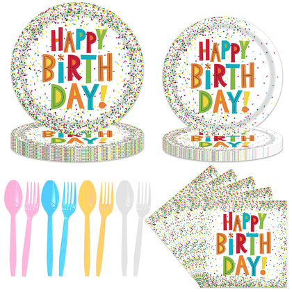 TeeFity 120 Pcs Confetti Birthday Party Tableware Set, Party Table Colorful Decorations Supplies Include 7 Inch and 9 Inch Paper Plates, Napkins and Forks Spoons for 24 Guests