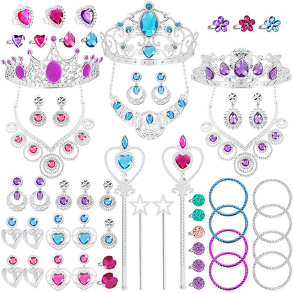 NINAOR 56 Pack Princess Jewelry for Girls Princess Dress Up Accessories Kids Play Jewelry for Girls Included Crown Wand Necklace Bracelet Rings Earrings Great as Princess Party Decoration