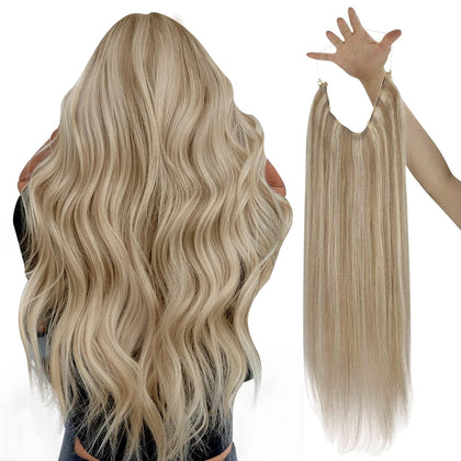 [Hot]Sunny Wire Real Human Hair Blonde Highlight Invisible Fish Line Remy Hair Extensions Dark Ash Blonde Highlights Golden Blonde Wire Hair Extensions Real Human Hair for Back to School 80G 18Inch