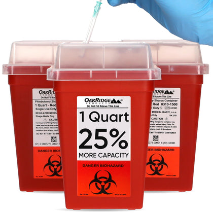 Oakridge Products Sharps Container for Home Use and Professional 1 Quart (3-Pack), Biohazard Needle and Syringe Disposal, Small Portable Container for Travel, CDC Certified