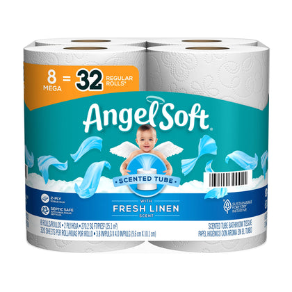 Angel Soft® Toilet Paper with Fresh Linen Scent, 8 Mega Rolls = 32 Regular Rolls, 320 Sheets each, 2-Ply Bath Tissue, 320 Count (Pack of 8) White