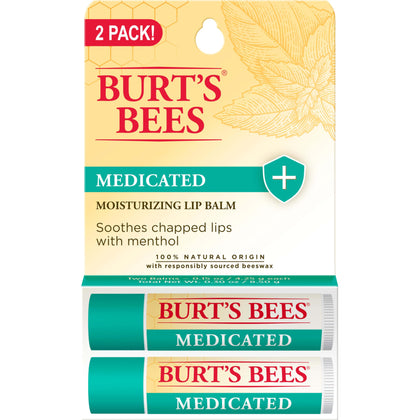 Burt's Bees Medicated Lip Balm Valentines Day Gifts, With Eucalyptus Oil and Menthol, Tint-Free, Natural Origin Lip Care, 2 Tubes, 0.15 oz.