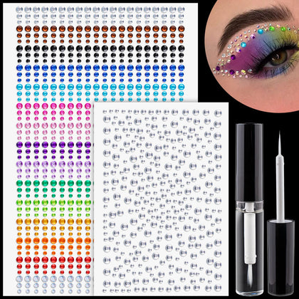 1225 Pcs of Rhinestone Stickers 3/4/5/6mm Clear+Colorful Self Adhesive Face Gems, Stick on Body Crystal Jewels with Quick Dry Makeup Glue For Face Eye Hair Nails Make up and Craft DIY Decorations