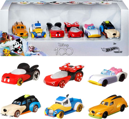 Hot Wheels Mattel Disney Character Cars, 6-Pack 1:64 Scale Toy Cars in Collectible Packaging: Mickey, Minnie, Pluto, Daisy, Donald & Goofy
