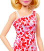 Barbie Fashionistas Doll #205 with Blond Ponytail, Wearing Pink and Red Floral Dress, Platform Sandals and Hoop Earrings For 3 years and older