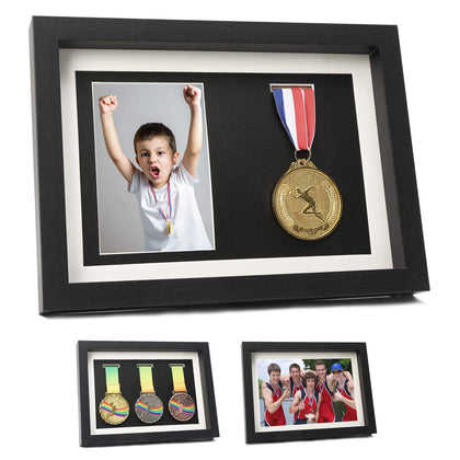 Medal Display Shadow Box - 3 Medal Display case - Perfect Medal Display for Runners, Marathon, Race Winner, Soccer, Football, Gymnastics & All Sports (Black, A4)