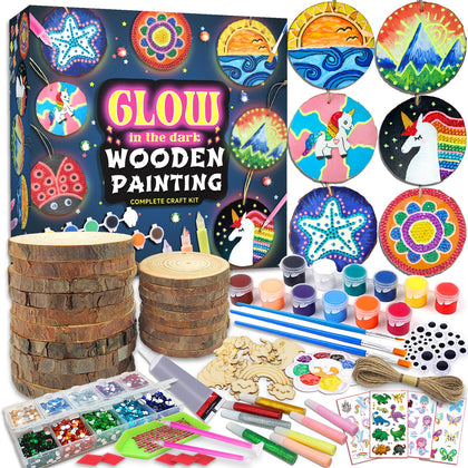 klmars Kids Wooden Painting Kit-Glow in The Dark-Arts & Crafts Gifts for Boys Girls Ages 5-12-Wood Slice Craft Activities Kits - Creative Art Toys for 5, 6, 7, 8, 9, 10, 11 & 12 Year Old Kids