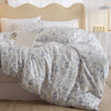 3 Pieces Duvet Cover Queen Size White Duvet Cover with Blue Floral Print,Soft Cotton Comforter Cover Boho Style,Aesthetic Queen Bedding Set with Zipper Closure 4 Ties