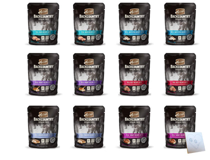 Merrick Backcountry Huge Grain Free Wet Cat Food Pouches - All 6 Flavors: Beef, Chicken, Whitefish, Turkey, Duck, and Rabbit - Plus Pet Paws Notepad (3oz Each, 12 Pouches Total), 13 Piece Set