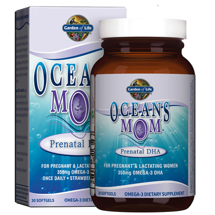 Garden of Life Oceans Mom Prenatal Fish Oil DHA, Omega 3 Fish Oil Supplement - Strawberry, 350mg Prenatal DHA Pregnancy Fish Oil Support for Mamas, Babys Brain & Eye Development, 30 Small Softgels