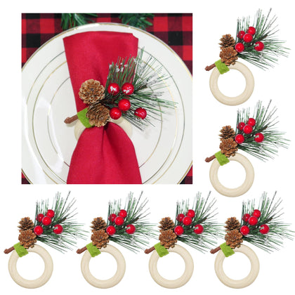 HADDIY Pine Cones Napkin Rings,Christmas Napkin Holders Set of 6 with Berry and Pine Needles for Winter Holiday Dinner Table Setting Decorations