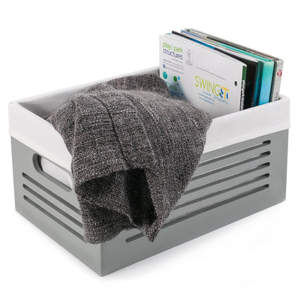 Wooden Storage Box - Decorative Closet, Cabinet and Shelf Basket Organizer Lined with Machine Washable Soft Linen Fabric - Grey, Medium