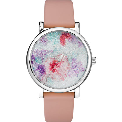 Timex Women's Crystal Bloom 38mm Watch - White Floral Crystal Fabric Dial Silver-Tone Case with Pink Leather Strap