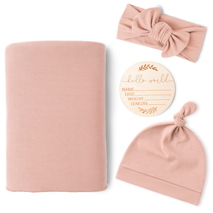 Konssy Baby Girl Newborn Receiving Blanket with Matching Headband and Beanie Set Baby Swaddle Nursery Swaddle Wrap(Pink)