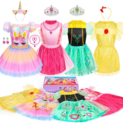 Teuevayl Princess Dress Up Costume for Little Girls, Kids' Dress Up Pretend Play Clothes Girls Dress Up Trunk with Unicorn Princess Dresses Crown, Princess Toys Gift for Little Girls Age 3-6 Years