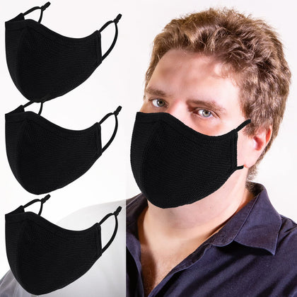 Extra Large Face Masks, Breathable 3-Ply Cloth Face Mask Adjustable Ear Loops for Big Face, Reusable Washable Black Cotton Masks for Adult Men (XL-Black-for Big/Beard Face Adults/Men)