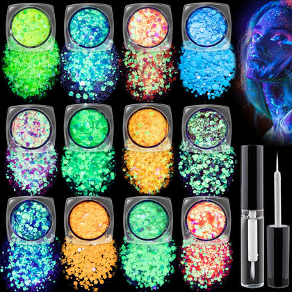 12 Colors Glow in The Dark Body Glitter Set 1, Holographic Glow Glitter with Makeup Glue for Body Face Eye Hair Nail Makeup, UV Black Night Chunky Glitter Sparkling Festival Rave Accessories