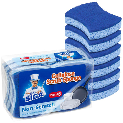 MR.SIGA Non-Scratch Cellulose Scrub Sponge, Dual-Sided Dishwashing Sponge for Kitchen, 12 Pack