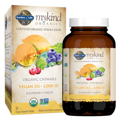 Garden of Life Organics Vegan Vitamin D3 Chewable - Raspberry Lemon, 2,000 IU (50mcg) Whole Food Vitamin D3 from Lichen Plus Food & Mushroom Blend, Gluten Free, 30 Chewable Tablets