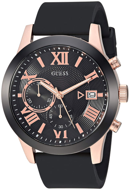 GUESS Comfortable Black + Rose Gold-Tone Stain Resistant Silicone Chronograph Watch with Date. Color:Black/Rose Gold-Tone (Model: U1055G3)