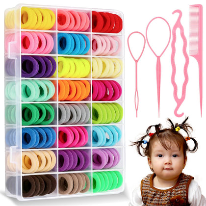 300Pcs Baby Hair Ties with Hair Loop Styling Tool, 24Color Soft Cotton Toddler Hair Ties with Organizer Box, Small Seamless Hair Bands Mini Elastic Ponytail Holders for Baby Girls Kids Accessories Kit
