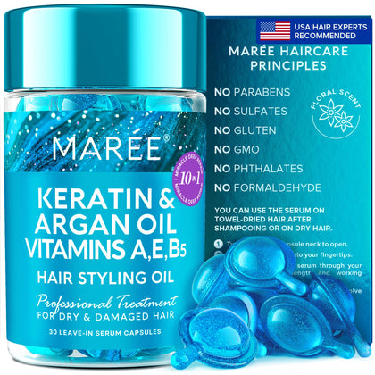 MAREE Hair Oil for Frizzy & Dry Hair - Keratin Styling & Moisturizing Hair Capsules with Avocado, Jojoba & Argan Oil - Leave-in Anti Frizz no Rinse Conditioner with Vitamins A, C, E & B5-30 Capsules