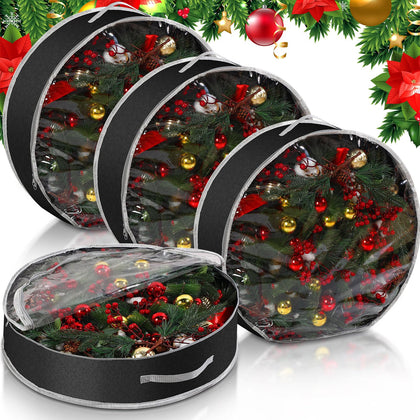 Aliceset 4 Pcs Christmas Wreath Storage Bags Large Garland Holiday Wreath Storage Containers with Window and Handle Zipper for Holiday Seasonal Storage Wrapping(Black, 30 x 30 x 7.8 Inch)