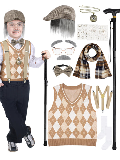 SOMSOC 15 Pieces 100 Days of School Grandpa Costume Set for Boys Kids Old Man Costume Grandpa Set School Cosplay Party