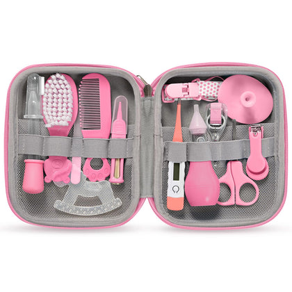 Baby Grooming Kit, 15 in 1 Portable Baby Safety Care Kit with Baby Brush and Comb Set Nail Clippers Nasal Aspirator etc for Nursery Newborn Infant Girl Boys Keep Clean Baby Essentials (Pink)