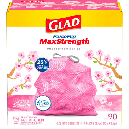 Glad ForceFlex MaxStrength Tall Kitchen Drawstring Trash Bags, 13 Gallon, Cherry Blossom with Febreze Freshness, 90 Count