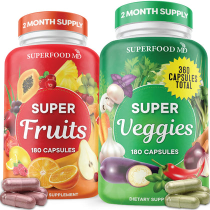 Superfood Fruit and Veggie Supplement - 360 Whole Super Fruit and Vegetable Supplements & Vitamin, Natures Energy Balance, Soy Free, Vegan Capsules - 180 Count (Pack of 2)