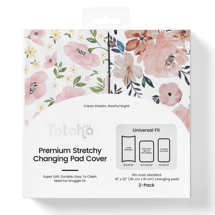 TotAha Premium Stretchy Changing Pad Covers (2-Pack) Hypoallergenic, Silky Comfort, Buttery Soft, Calming Effect, All-Season Jersey-Knit 5'' Deep Pocket(Meredith Allover Floral & Pale Pink Flowers)
