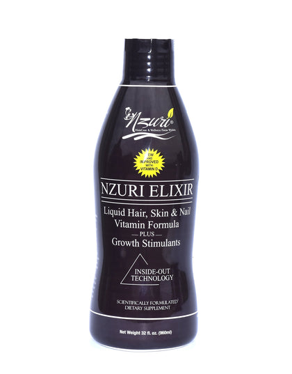 Nzuri Elixir Hair Skin and Nails Vitamins for Women and Men with Biotin, Folate, and Vitamin D for Daily Growth Supplement to Reducing Dryness, Thinning, and Loss, 32 oz.