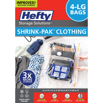 Hefty Shrink-Pak - 4 Large Vacuum Storage Bags for Storage for Clothes, Pillows, Towels, or Blankets - Space Saver Vacuum Sealer Bags Ideal Under Bed Storage Solutions