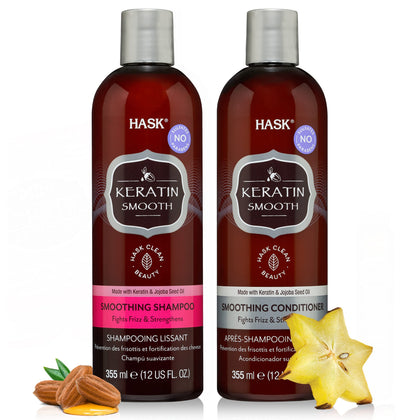 HASK KERATIN PROTEIN Smoothing Shampoo + Conditioner Set for All Hair Types, Color Safe, Gluten-Free, Sulfate-Free, Paraben-Free, Cruelty-Free - 1 Shampoo and 1 Conditioner