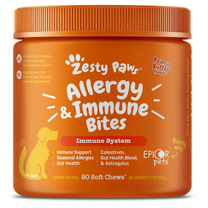 Zesty Paws Allergy Immune Supplement for Dogs - with Omega 3 Salmon Fish Oil & EpiCor Pets + Probiotics for Seasonal Allergies - Peanut Butter