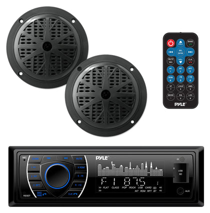 Pyle Marine Headunit Receiver Speaker Kit - In-Dash LCD Digital Stereo Built-in Bluetooth & Microphone w/AM FM Radio System 5.25 Waterproof Speakers (2) MP3/SD Readers & Remote Control - PLMRKT46BK