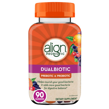 Align DualBiotic, Prebiotic + Probiotic for Women and Men, Help Nourish and Add Good Bacteria for Digestive Support, Natural Fruit Flavors, 90 Gummies