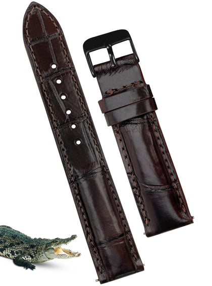 vinacreations 20mm Dark Brown Alligator Watch Band Men Quick Release Black Buckle Crocodile Belly Leather Replacement Strap Wristwatch Band Handmade Vietnamese DH-03B-20MM