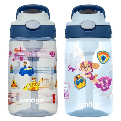 Contigo Paw Patrol Kids Plastic Water Bottle with Spill-Proof Lid, Aubrey Cleanable Water Bottle with Silicone Straw, Dishwasher Safe, 14oz 2-Pack for Home/School/Travel