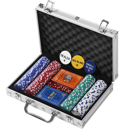 Rally and Roar Professional Poker Set w/ Hard Case, 2 Card Decks, 5 Dice, 3 Buttons - 200 Chips