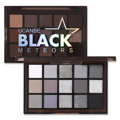 UCANBE Smokey Black Eyeshadow Palette, 15 Colors Dark Shimmer Matte Metallic Makeup Pallet, High Pigmented Gray Silver Sombras De Ojos Kit for Daily and Halloween