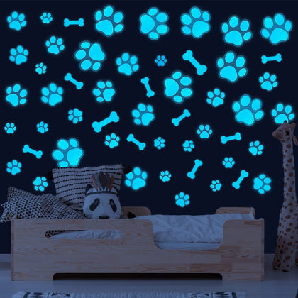 Dog Paw Print Stickers Glow in The Dark Wall Decals Pup Dog Room Decor Stickers Vinyl Dog Paw Bone Wall Decals Removable Animal Footprint Decal for Kids Boys Girls Bedroom Nursery Floor Ceiling Decor