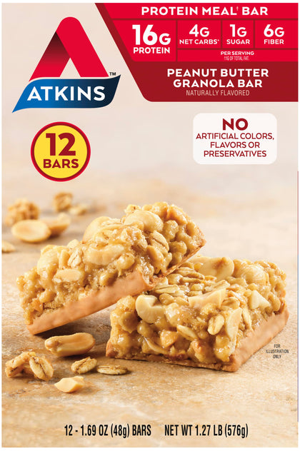 Atkins Peanut Butter Granola Protein Meal Bar, High Fiber, 16g Protein, 1g Sugar, 4g Net Carb, Meal Replacement, Keto Friendly, 12 Count
