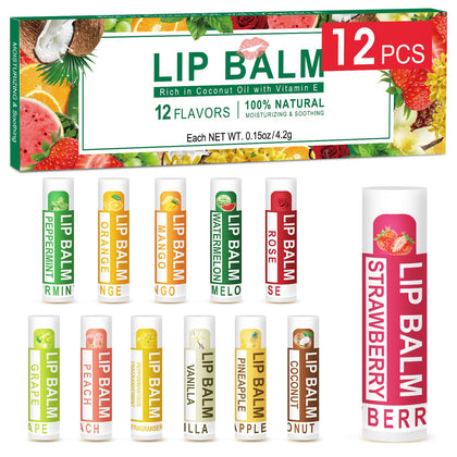 DMSKY 12 Pack Lip Balm, Natural Lip Balm Bulk with Vitamin E and Coconut Oil, Lip Care Product, Moisturizing Soothing Chapped Lips
